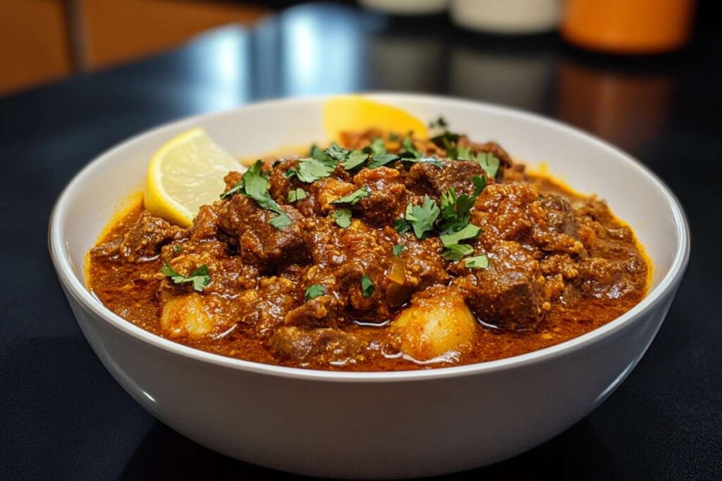 Hearty beef curry with potatoes, served in a white bowl