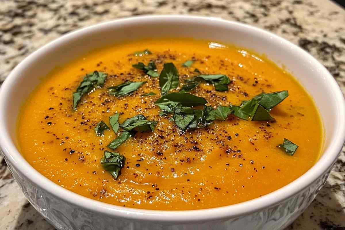 A close-up of a bowl of creamy carrot soup, garnished with freshly chopped herbs and cracked black pepper, served on a granite countertop