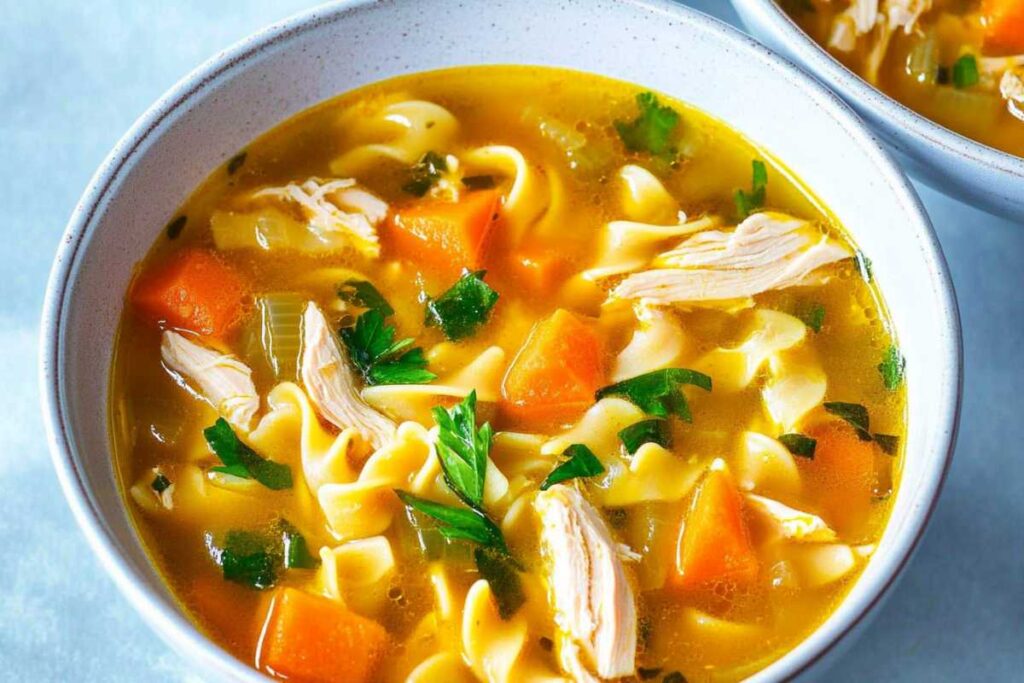 Bowl of homemade chicken noodle soup with carrots, egg noodles, and fresh parsley