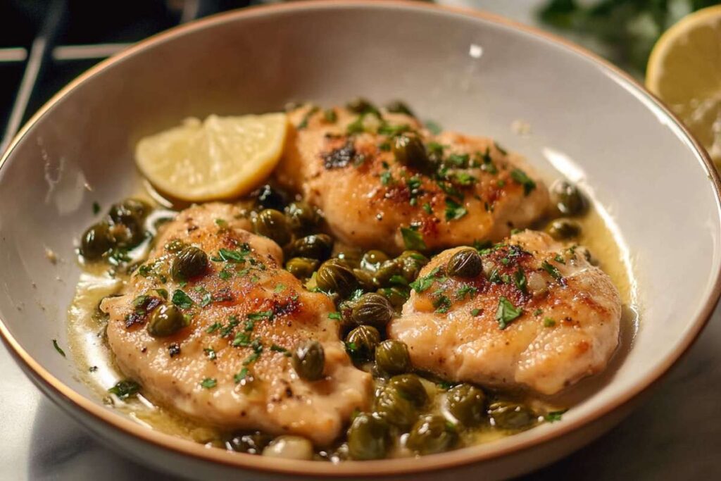 Close-up of chicken piccata featuring tender, golden-browned chicken breasts garnished with capers and fresh herbs