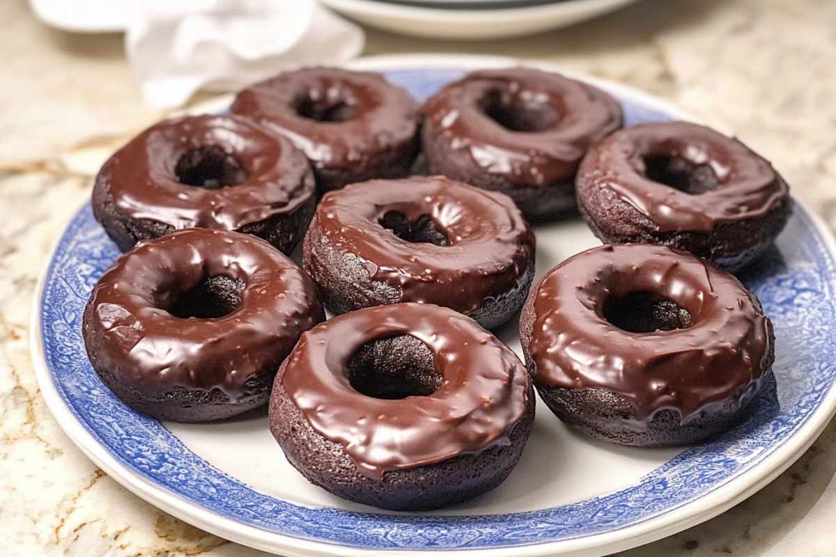 Delicious chocolate donuts with rich glaze, served on a decorative plate