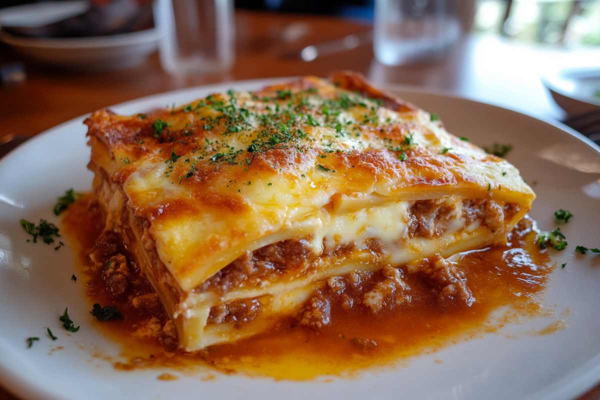 A serving of classic lasagna with layers of pasta, meat sauce, and melted cheese, garnished with herbs on a white plate.