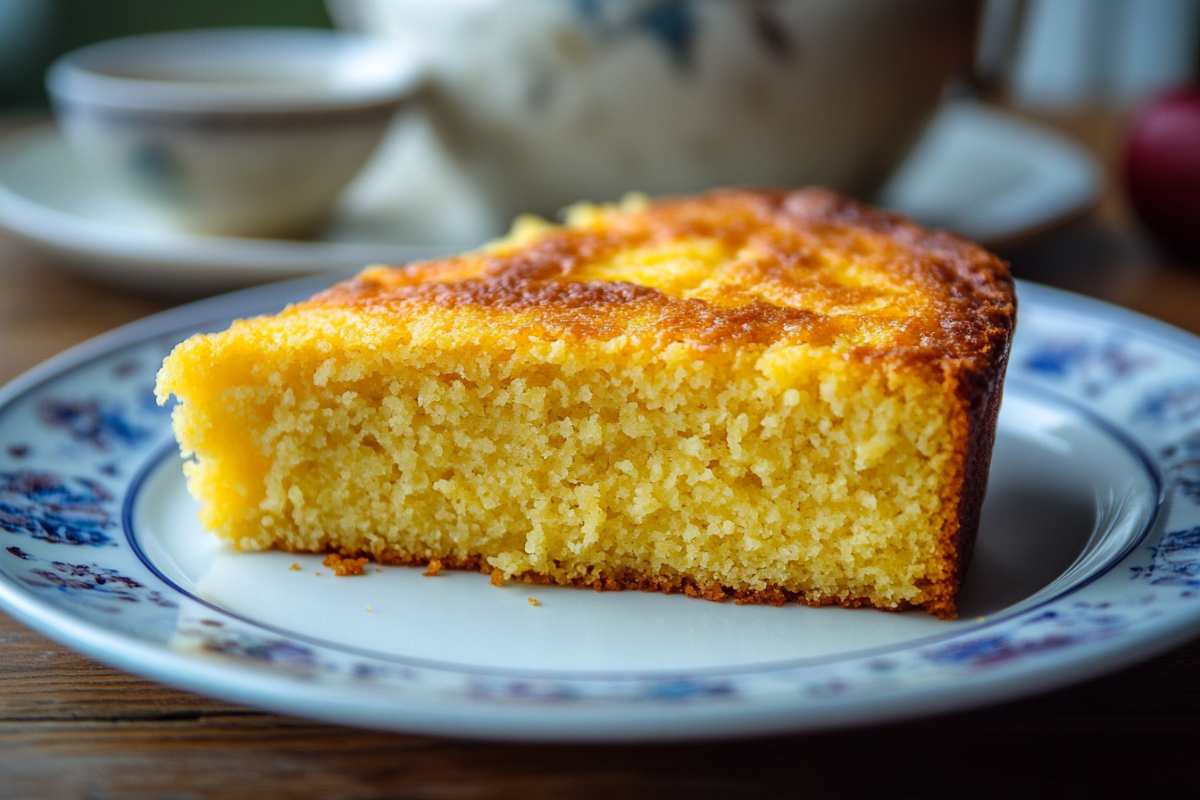 A piece of golden cornbread on a decorative plate, showcasing its soft and moist texture, with a teacup in the blurred background