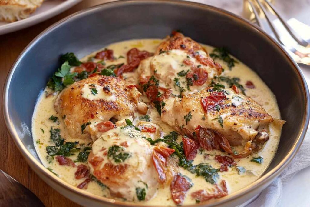 Bowl of creamy Tuscan chicken with sun-dried tomatoes and fresh spinach