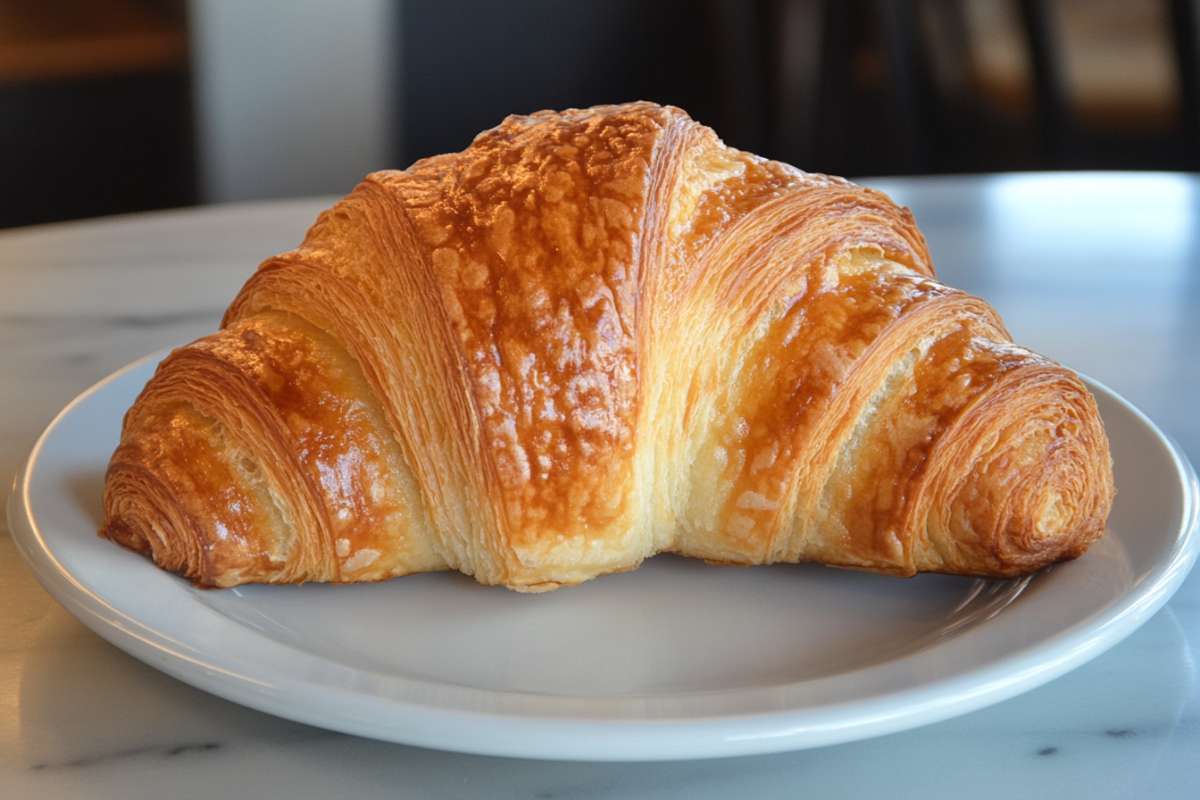 A golden, flaky French croissant placed on a white plate, set on a marble surface