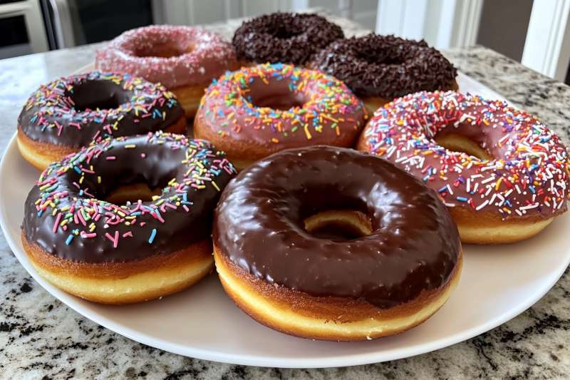 Delicious homemade donuts with chocolate glaze and sprinkles on a white plate