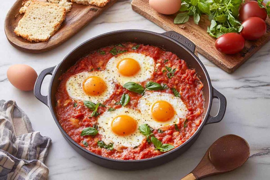 A skillet filled with eggs cooked in a rich tomato sauce, garnished with fresh basil leaves, surrounded by slices of bread and fresh ingredients on a marble countertop