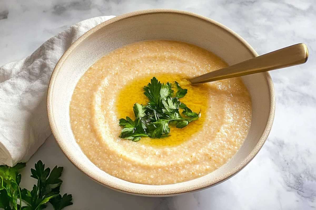 A bowl of creamy grits garnished with a swirl of melted butter and fresh parsley, served with a golden spoon on the side and a cloth napkin in the background.