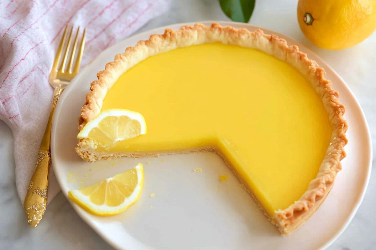 Fresh lemon tart with a golden crust, served with lemon wedges