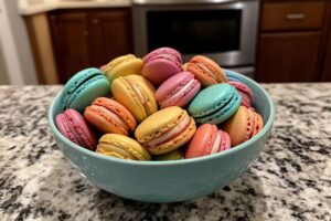 Bowl of macarons in various flavors – a delicious treat