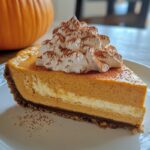 A slice of pumpkin cheesecake topped with whipped cream and dusted with cinnamon, served on a white plate with a pumpkin in the background