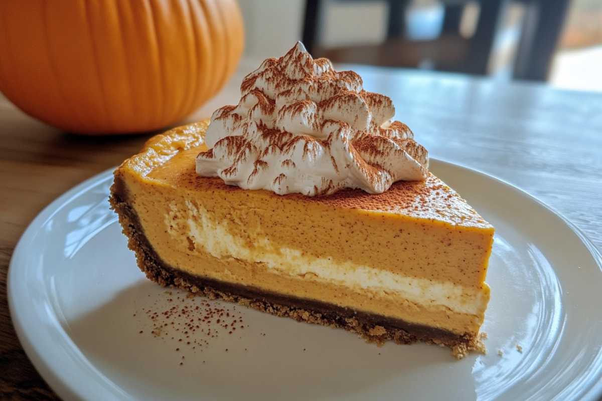 A slice of pumpkin cheesecake topped with whipped cream and dusted with cinnamon, served on a white plate with a pumpkin in the background