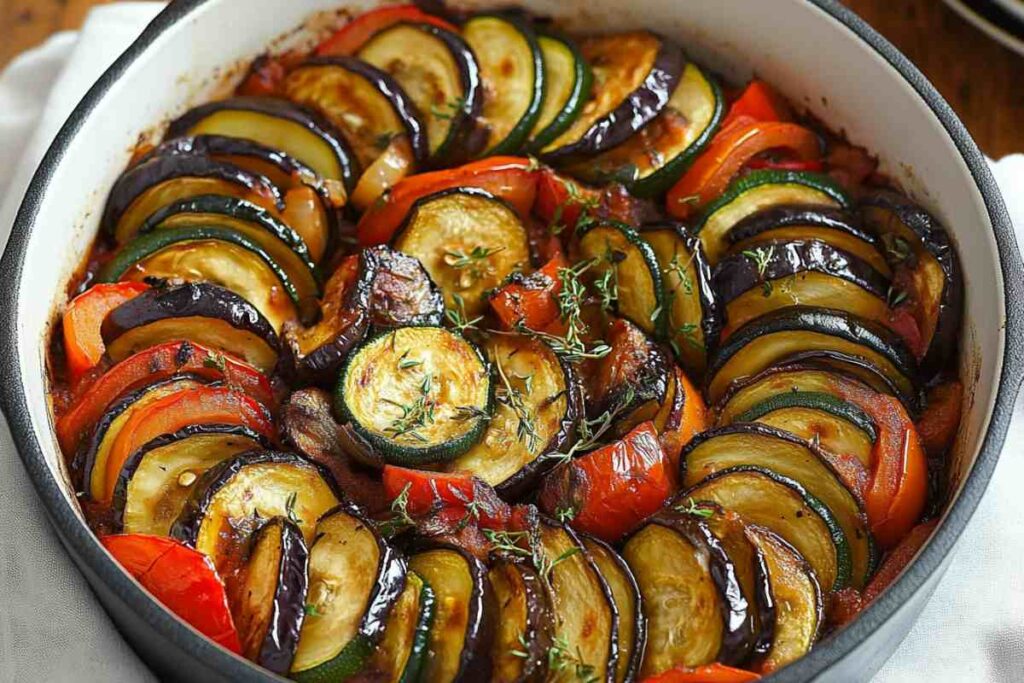 Colorful ratatouille in a round dish, featuring layered slices of zucchini, eggplant, and tomato, garnished with fresh thyme.