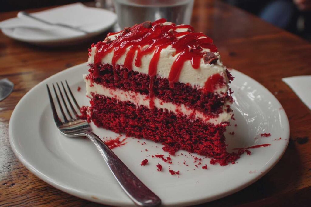 A piece of red velvet cake with layers of cream cheese frosting, topped with a drizzle of red sauce, served on a white plate with a fork