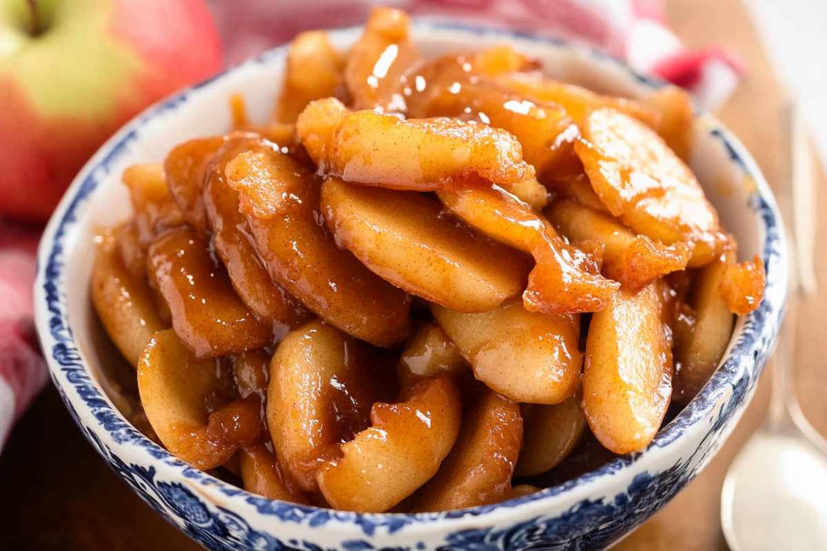 Bowl of sweet and caramelized fried apples with a cinnamon glaze