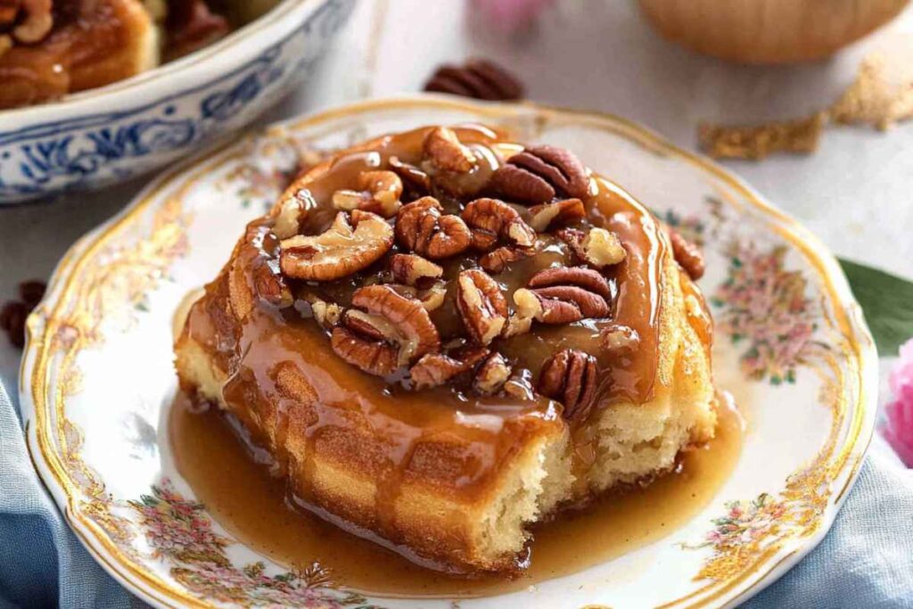 A sticky bun topped with caramel sauce and pecans on a decorative plate.