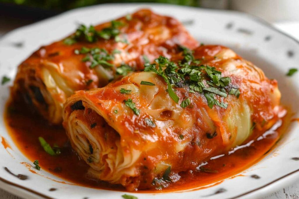 Close-up of homemade cabbage rolls with rich tomato sauce and parsley garnish