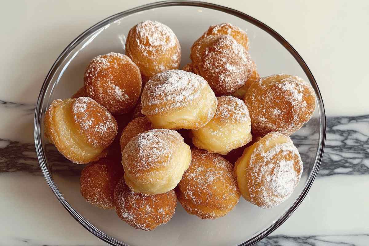 A bowl of golden-brown zeppole dusted with powdered sugar