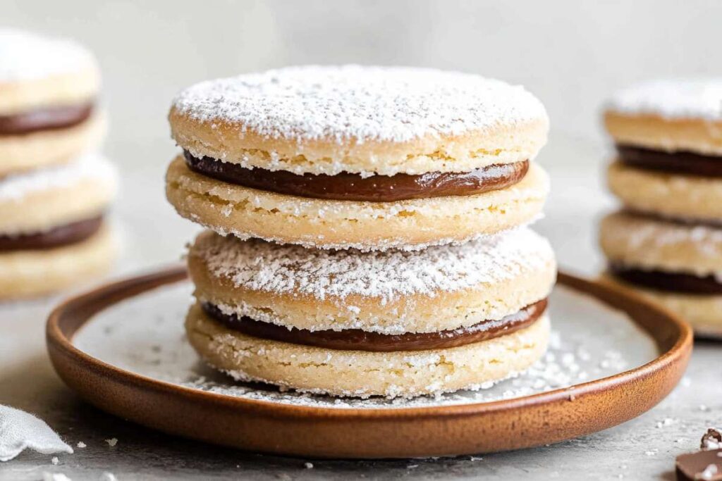 Two stacked alfajores filled with dulce de leche and dusted with powdered sugar on a small plate.