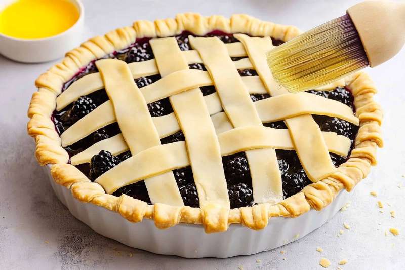 Unbaked blackberry pie with a lattice crust being brushed with an egg wash, ready for the oven