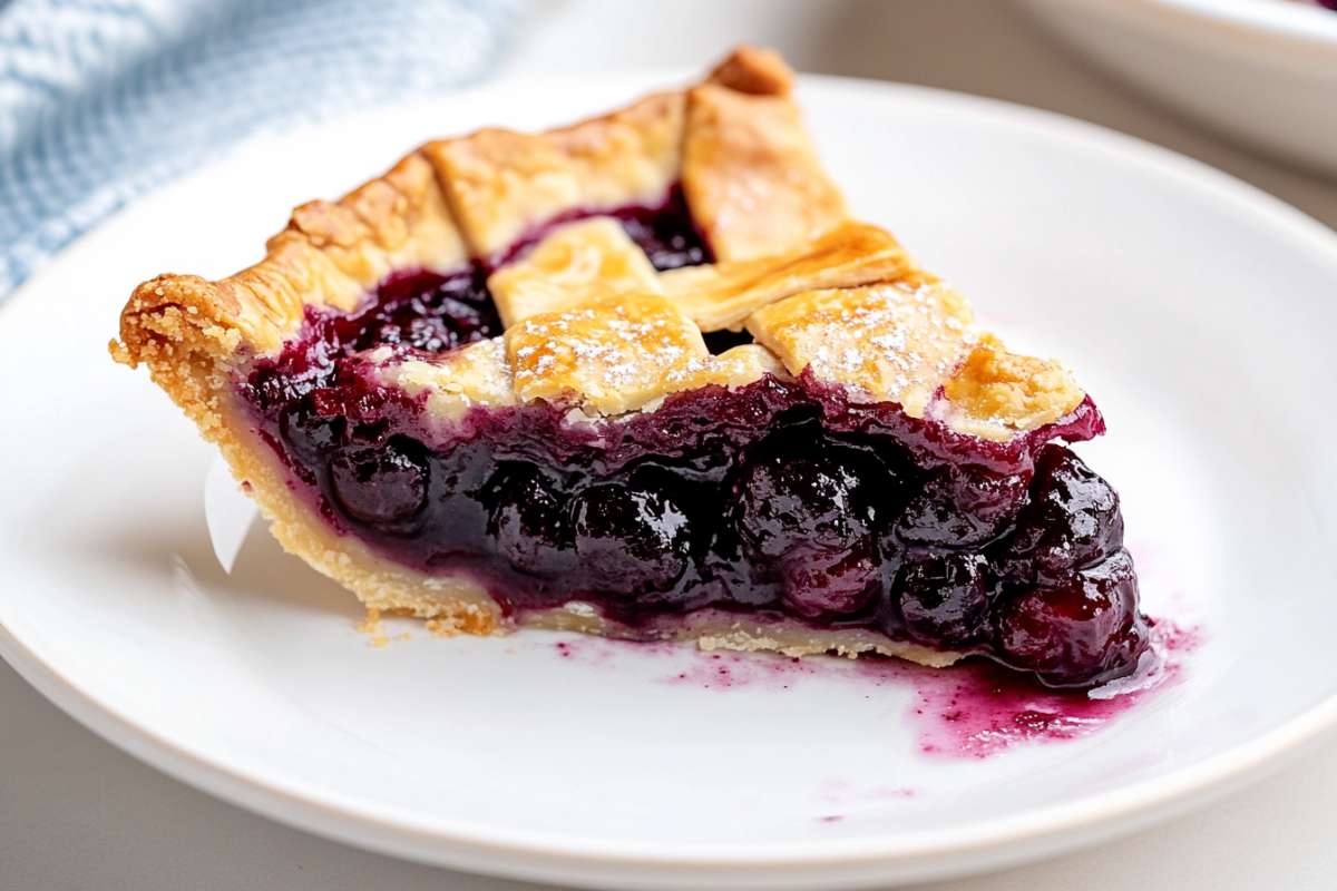 Close-up of a slice of homemade blackberry pie with a lattice crust