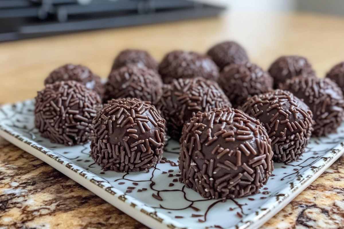 Close-up of Brazilian brigadeiros arranged on a decorative plate. The chocolate truffles are round, coated in chocolate sprinkles, and have a rich, textured appearance. The plate is set on a marble countertop with a blurred kitchen background.