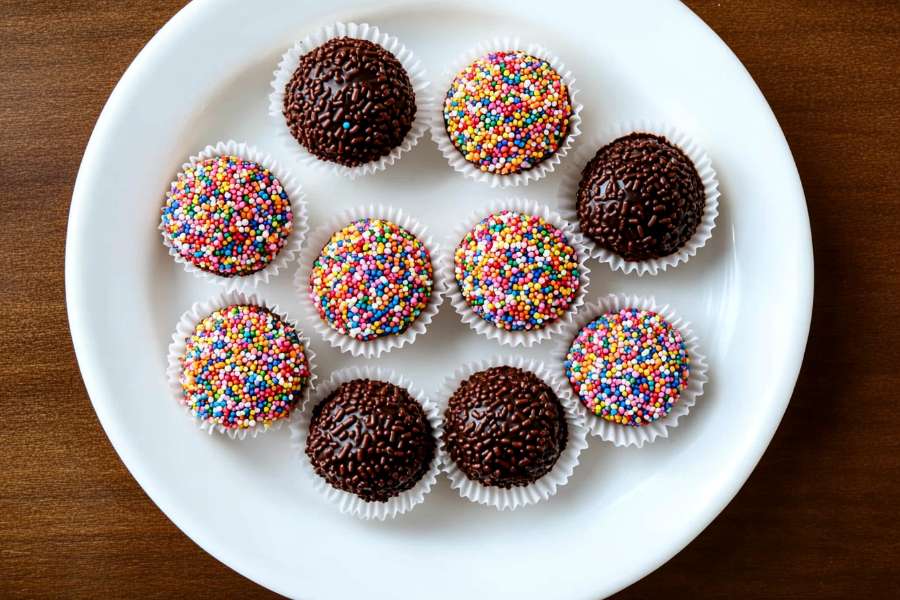 A plate of brigadeiros, some covered with chocolate sprinkles and others with colorful sprinkles, each placed in white paper cups