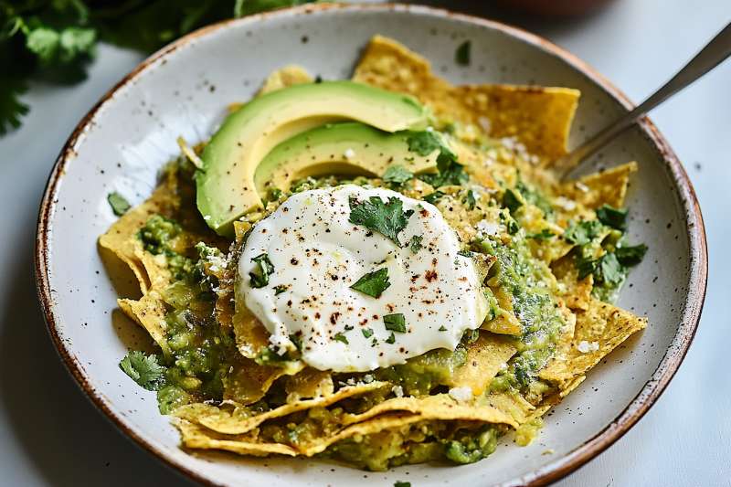 Chilaquiles with salsa verde, avocado, and sour cream on a rustic plate