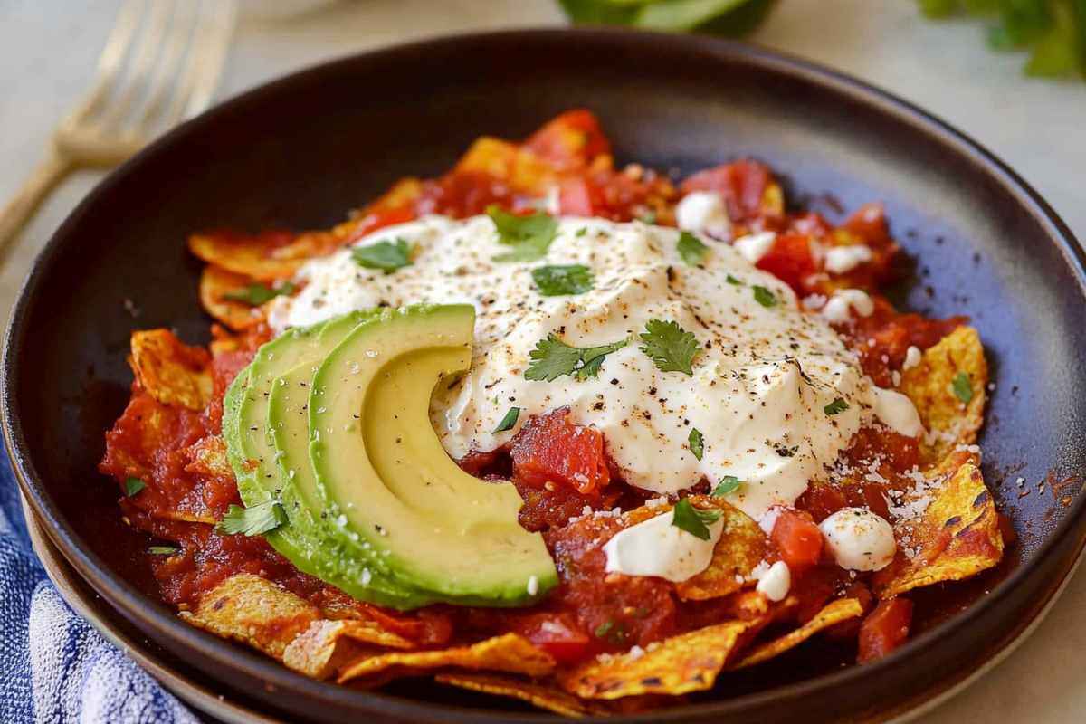 Close-up of traditional chilaquiles with salsa, avocado, and a dollop of sour cream