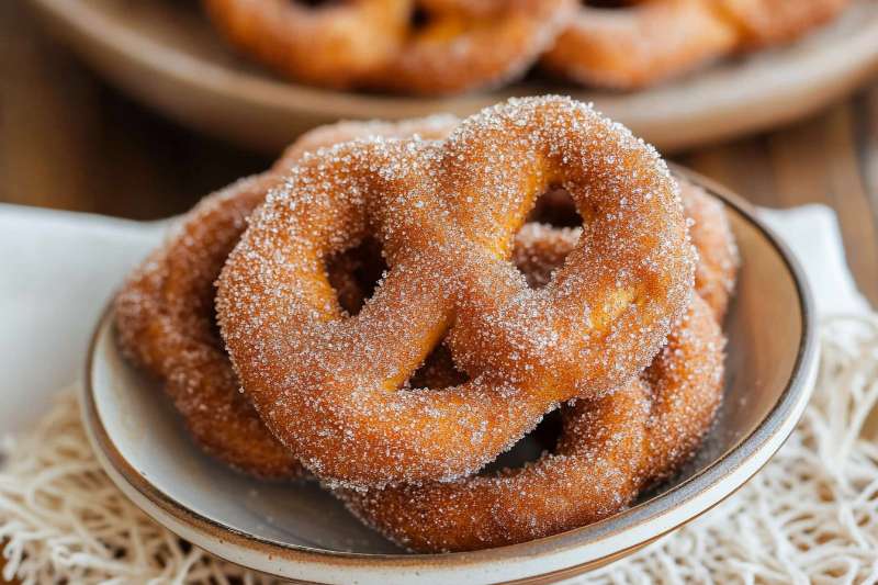 Plate of soft pretzels coated in cinnamon sugar, served on a rustic dish