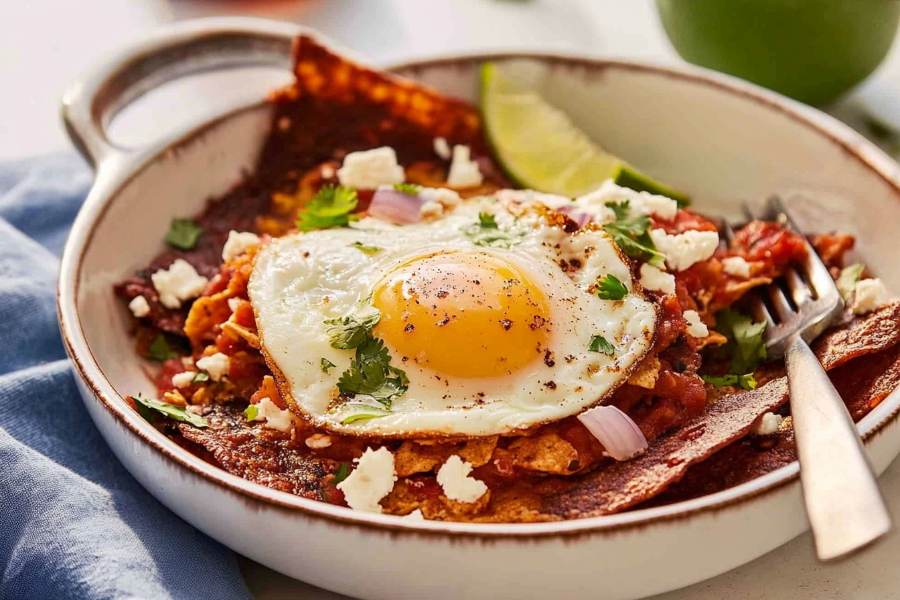 A plate of chilaquiles topped with a fried egg, garnished with cilantro, crumbled cheese, and diced onions, with a lime wedge on the side.