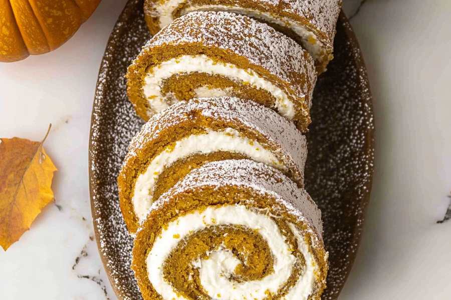 Slices of a pumpkin roll filled with cream cheese, dusted with powdered sugar, arranged on a serving plate.