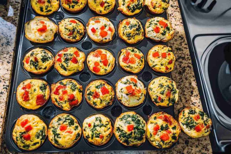 Freshly baked egg muffins with spinach and red bell peppers in a muffin tray