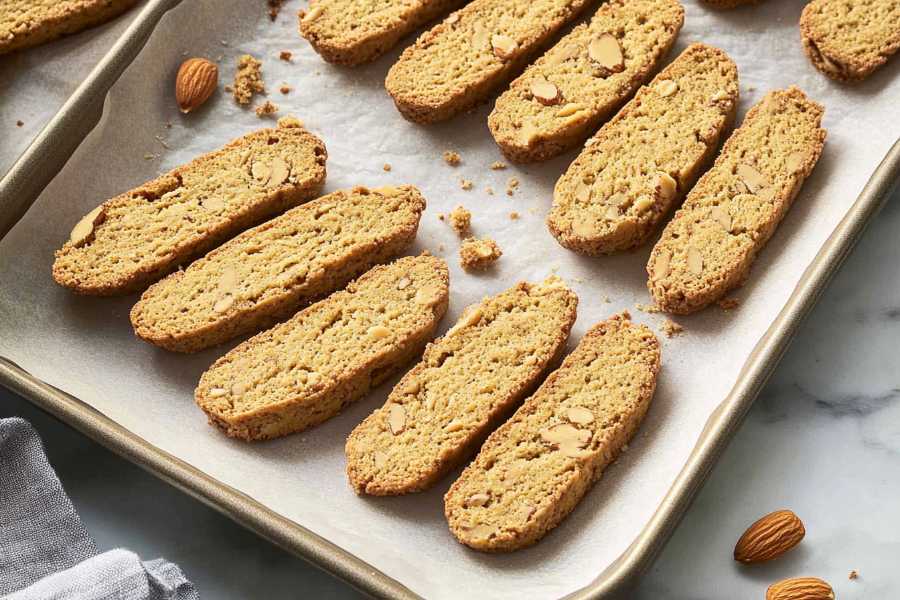 A baking tray lined with parchment paper holding slices of golden-brown almond biscotti, with scattered almond pieces and crumbs