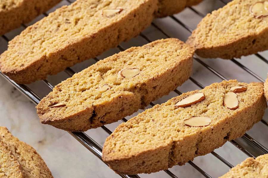 Freshly baked almond biscotti slices arranged on a cooling rack, showing a golden-brown texture and sliced almonds on top