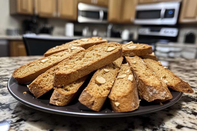 Close-up of Italian almond biscotti arranged on a plate