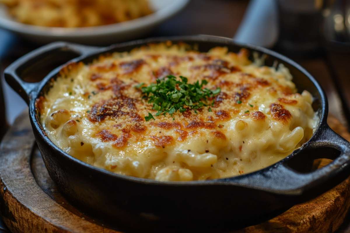 Close-up of creamy baked macaroni and cheese in a cast iron skillet, topped with a golden, crispy layer of melted cheese and garnished with fresh parsley.