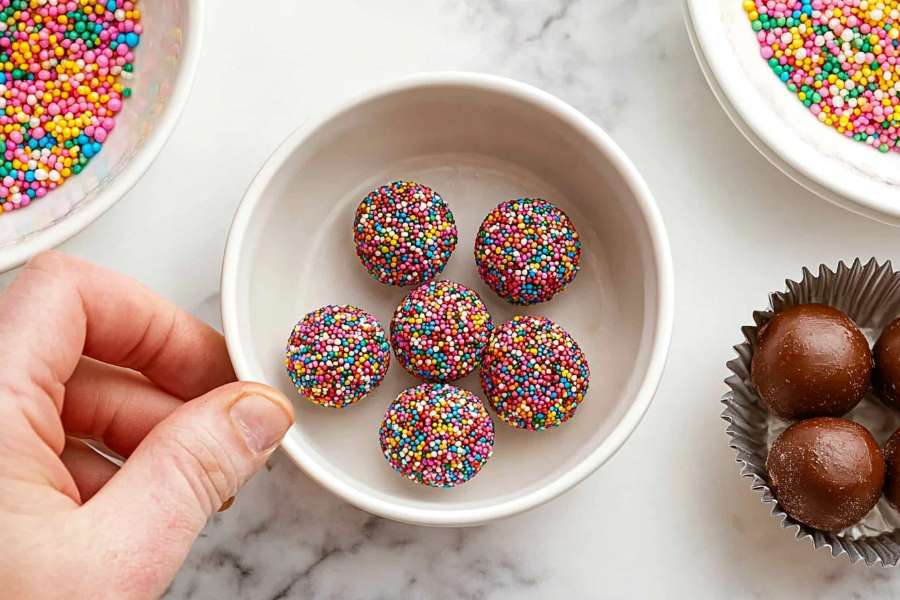 A bowl containing brigadeiros coated with colorful sprinkles, surrounded by ingredients and uncoated brigadeiros on a marble countertop