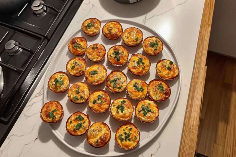 Plate of mini egg muffins topped with fresh herbs, perfect for breakfast or brunch