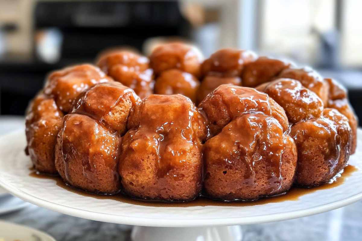 Homemade monkey bread drizzled with caramel sauce on a white plate