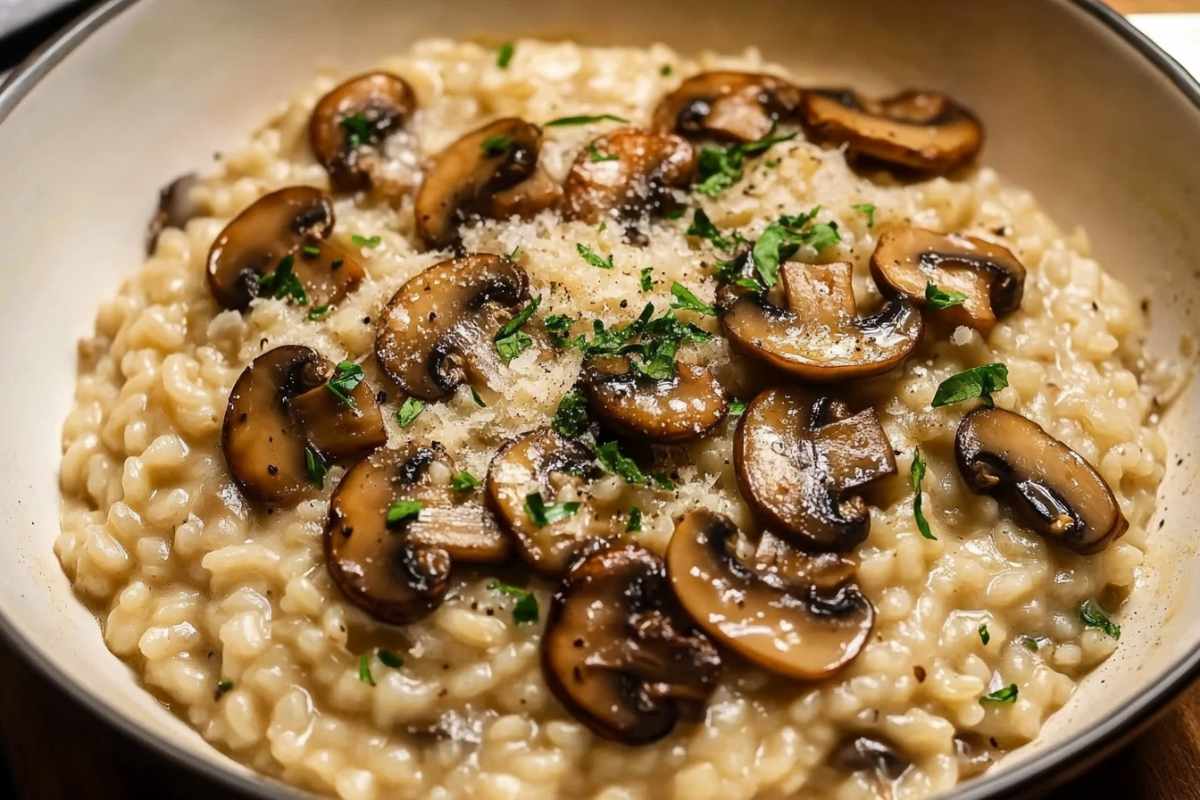 creamy mushroom risotto topped with sautéed mushrooms and garnished with fresh parsley in a bowl