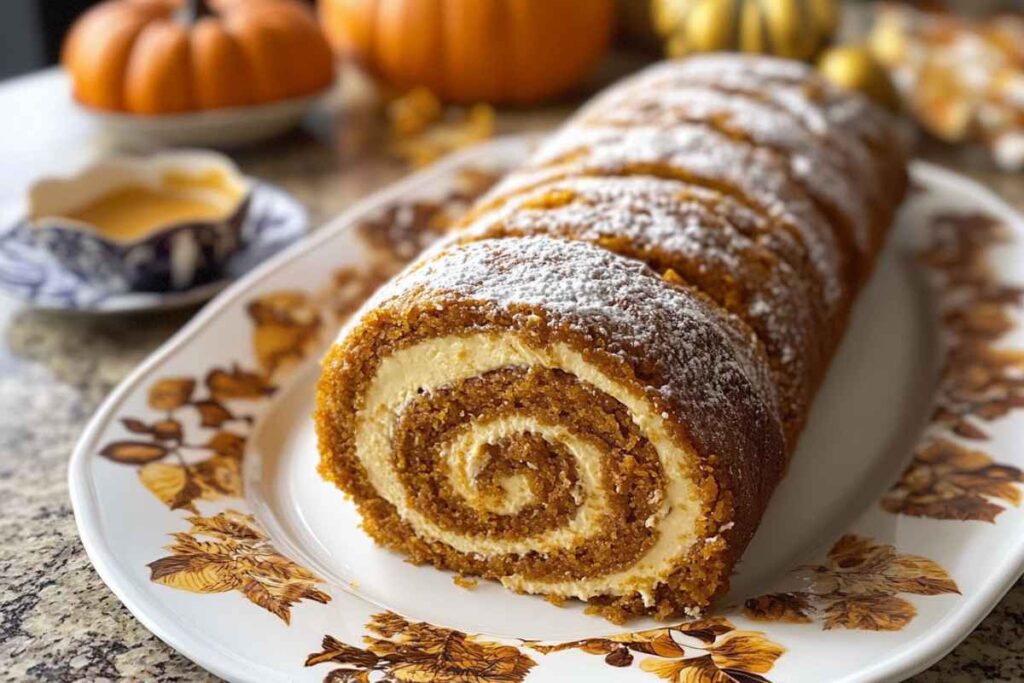 Homemade pumpkin roll with cream cheese filling, dusted with powdered sugar