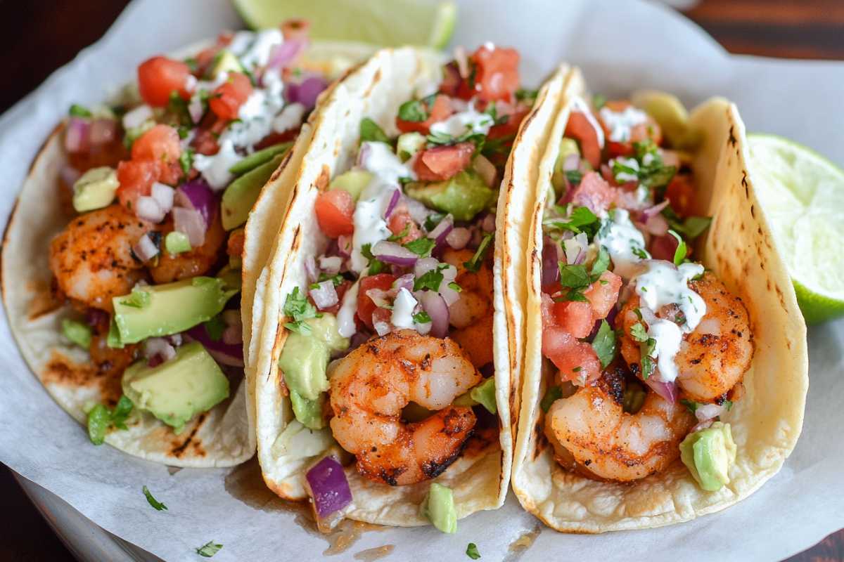 Delicious shrimp tacos filled with avocado, tomatoes, onions, and a drizzle of sauce