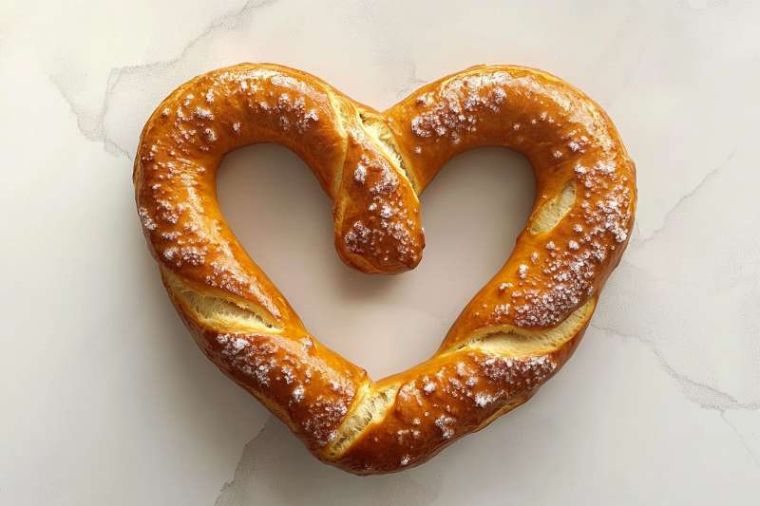 Golden-brown heart-shaped soft pretzel sprinkled with coarse salt on a light background