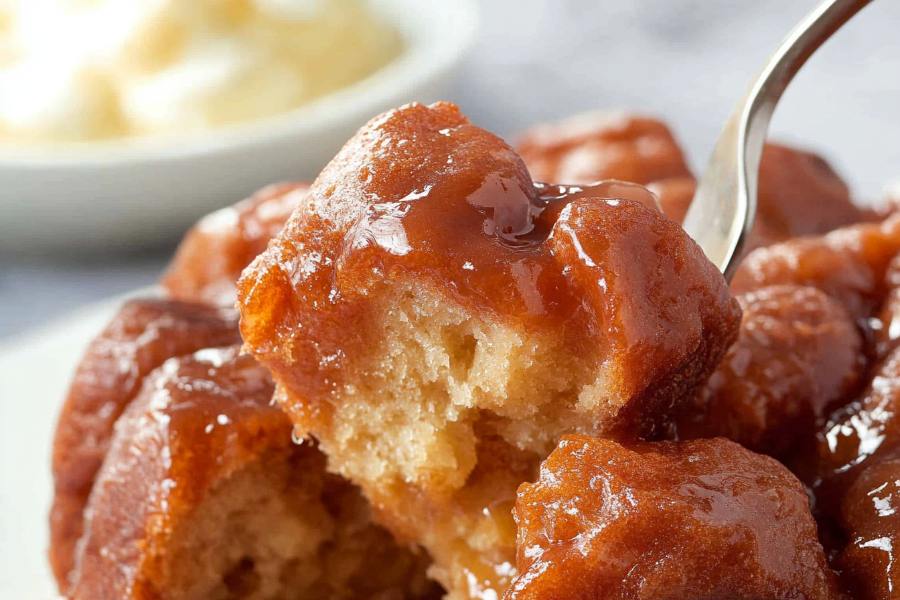 A fork holding a piece of sticky monkey bread, glistening with caramelized sauce.