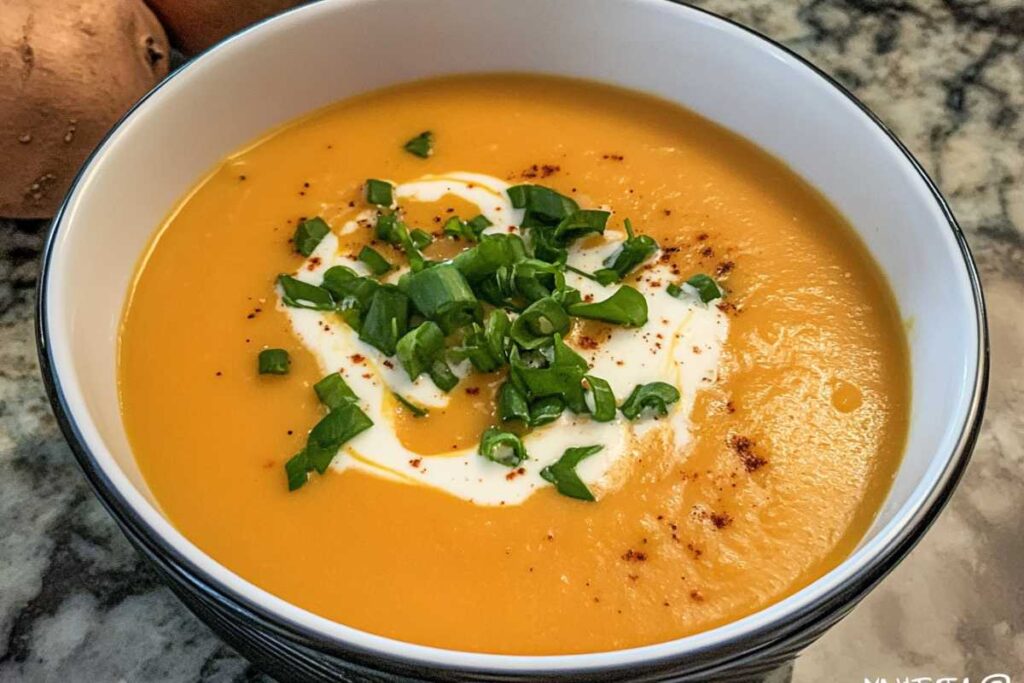 Bowl of creamy sweet potato soup topped with sour cream and green onions