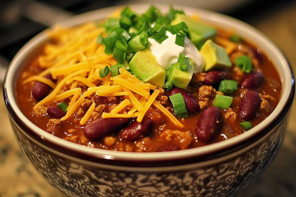 Bowl of turkey chili topped with shredded cheddar cheese, avocado, sour cream, and green onions