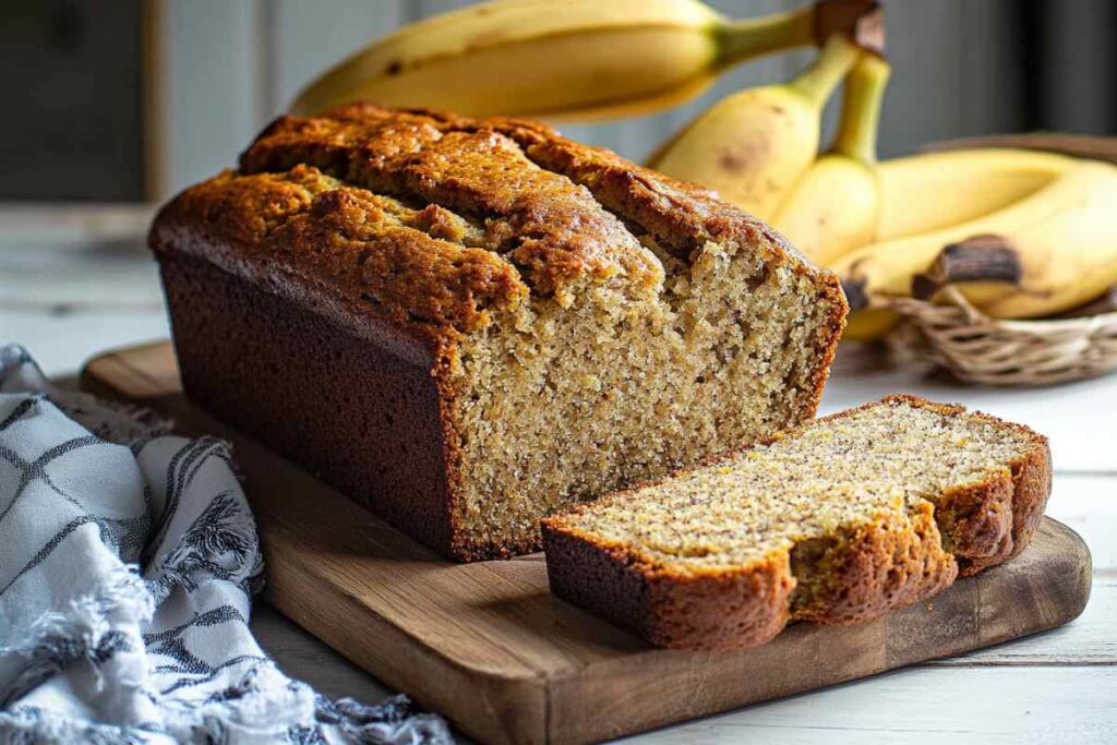 Homemade banana bread loaf with a slice cut, served on a wooden board