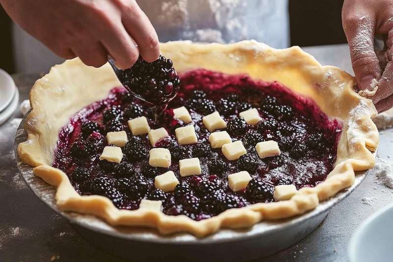 Close-up of a partially assembled blackberry pie with fresh blackberries and butter cubes in a pastry crust, with hands preparing the filling