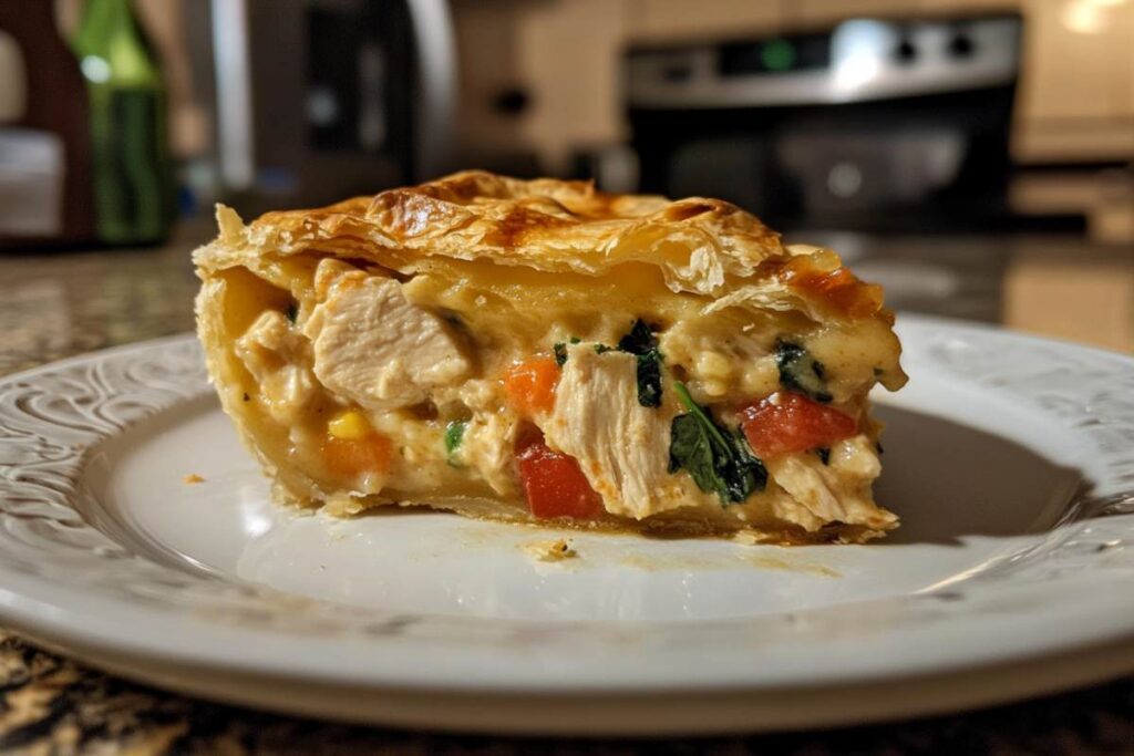 Close-up of a slice of chicken pot pie with golden, flaky crust and a rich filling of tender chicken, vegetables, and creamy sauce on a decorative white plate.